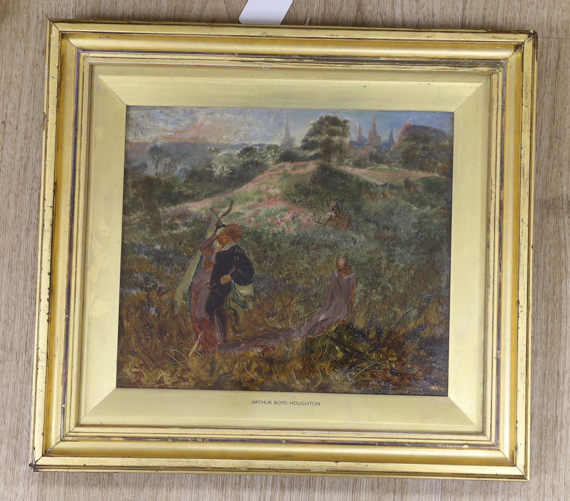 Arthur Boyd Houghton (1836-1875) - oil on canvas, 'The Romance of a Crusader - a medieval landscape', label verso from Hartnoll & Eyre Ltd., 25 x 29cm
